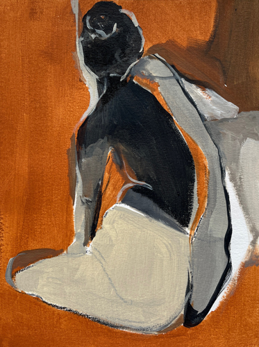 Seated figure study with dark hair and torso, cream limbs and grey drapery, set against a rich burnt-orange background.