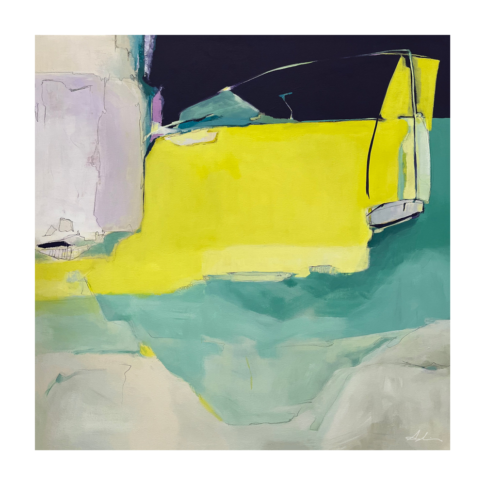 Abstract landscape painting with a bold yellow form and teal-green washes against a dark upper ground and soft cream and lavender below, with drawn pencil lines throughout, by Joanna Aplin, Canadian artist