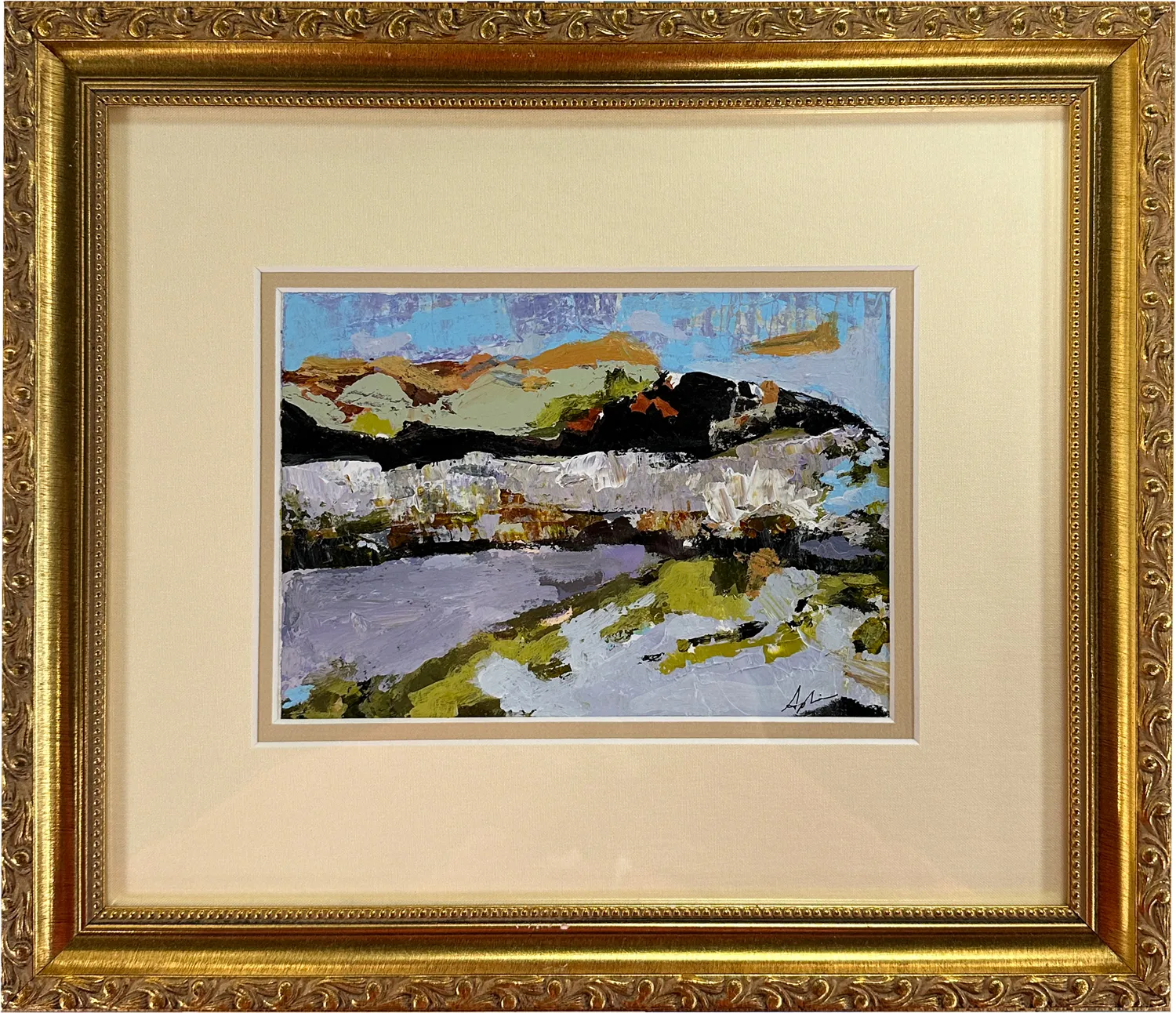 Acrylic on paper — a richly textured abstract landscape in olive green, lavender, orange, black, and white with bold expressive mark-making suggesting rugged terrain under a bright sky, by Canadian artist Joanna Aplin