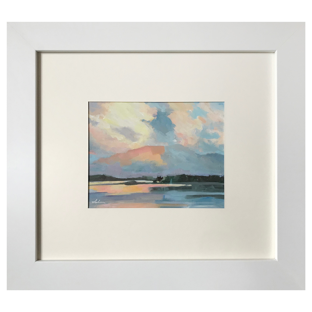 Landscape painting of a calm waterfront at dusk with soft pink, peach, and grey clouds reflected in still water below a low dark shoreline, by Joanna Aplin, Georgian Bay artist.