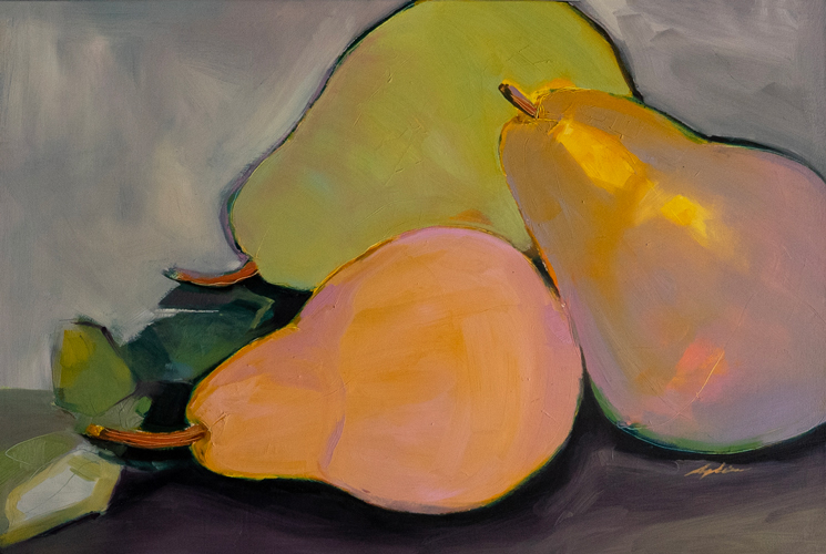 Three softly modelled pears in green, golden yellow and peach rest on a dark tabletop against a muted grey background.