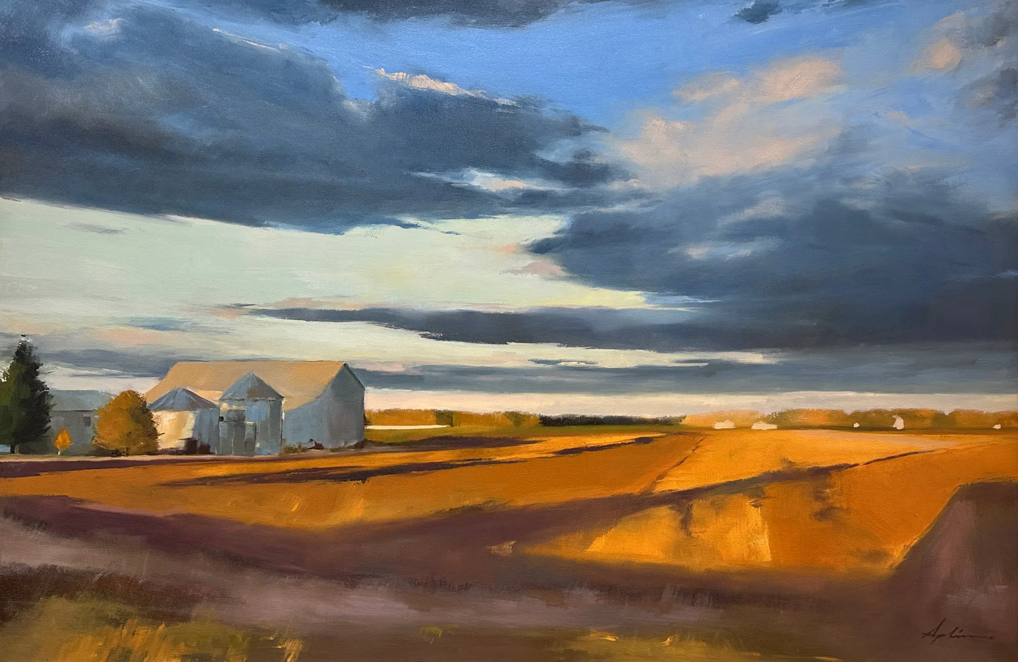 Landscape painting of golden harvest fields stretching toward farm buildings and grain silos under a dramatic sky of dark clouds and warm light, by Owen Sound Ontario artist Joanna Aplin