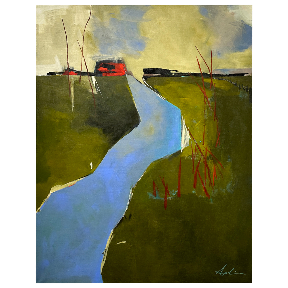 Landscape painting of a blue stream winding through deep green fields toward a red building on the horizon, with tall red branches rising from the grass under a golden sky, by Canadian landscape artist Joanna Aplin