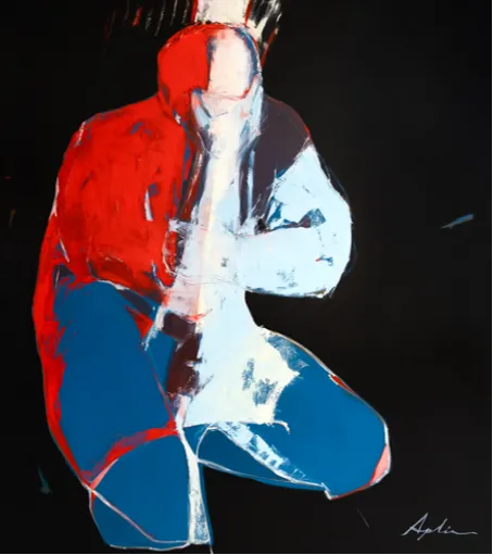 Oil on canvas figurative painting of a crouched figure rendered in bold reds, whites, and blues against a deep black background, by Canadian fine artist Joanna Aplin.