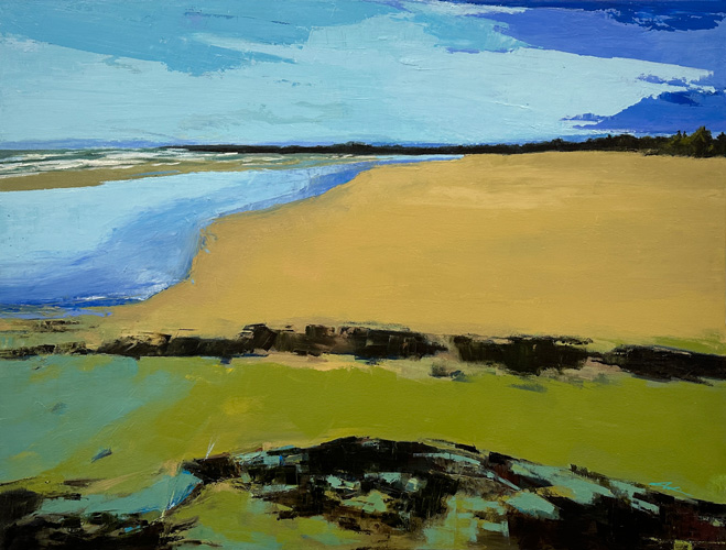 Oil on canvas — a sweeping beach landscape with sandy foreground, green marshland, and pale blue water meeting a bright sky with bold graphic brushwork, by Joanna Aplin, Owen Sound Ontario artist