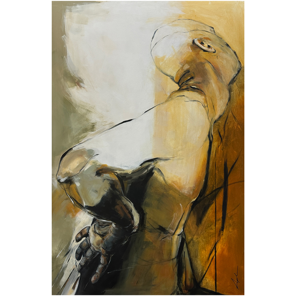 Figurative painting of a figure leaning forward with an outstretched hand, rendered in warm amber, ochre, and cream tones with bold dark contour lines, conveying reaching and vulnerability, by Joanna Aplin, Owen Sound artist.
