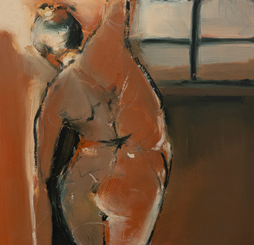 Figurative painting of a standing form in warm terracotta and brown tones with gestural linework and a window suggested in the background, by fine artist Joanna Aplin, Owen Sound Ontario.
