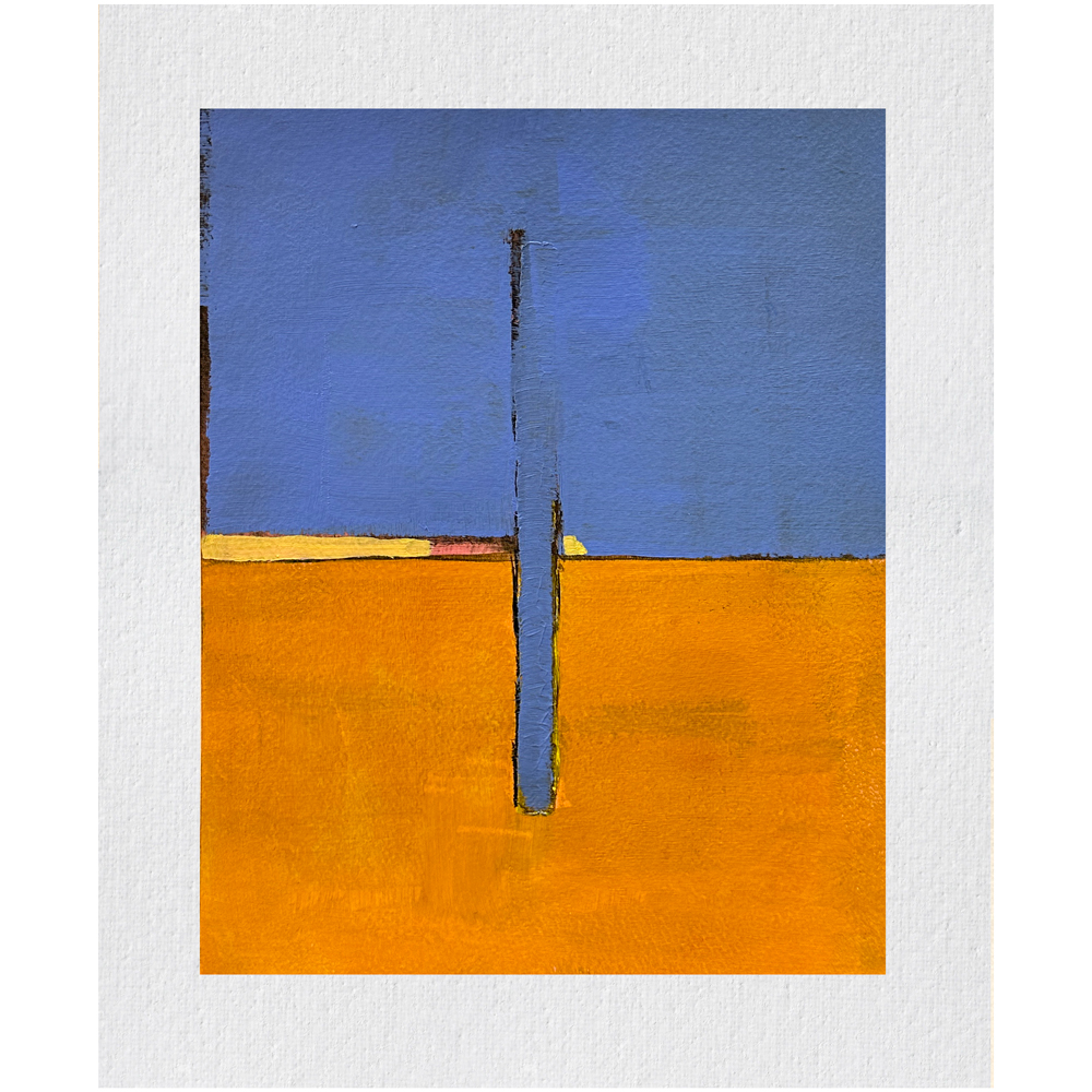 Abstract painting divided between a bold blue upper half and warm orange lower half with a thin vertical line connecting the two fields and subtle accents at the horizon, by Owen Sound artist Joanna Aplin
