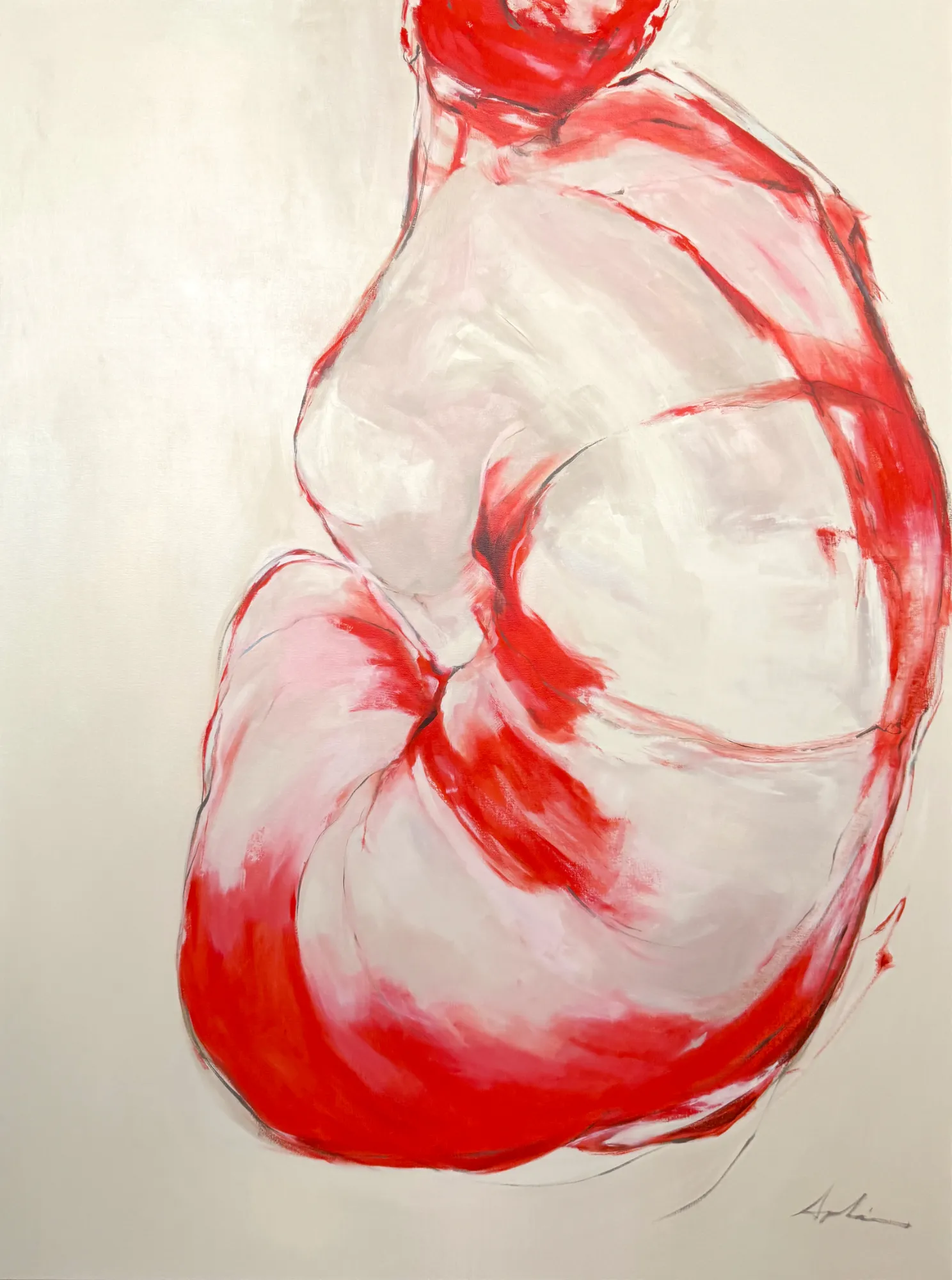 Curled nude figure rendered in translucent white and pale pink, with energetic red contours and shadowed crimson along the legs.