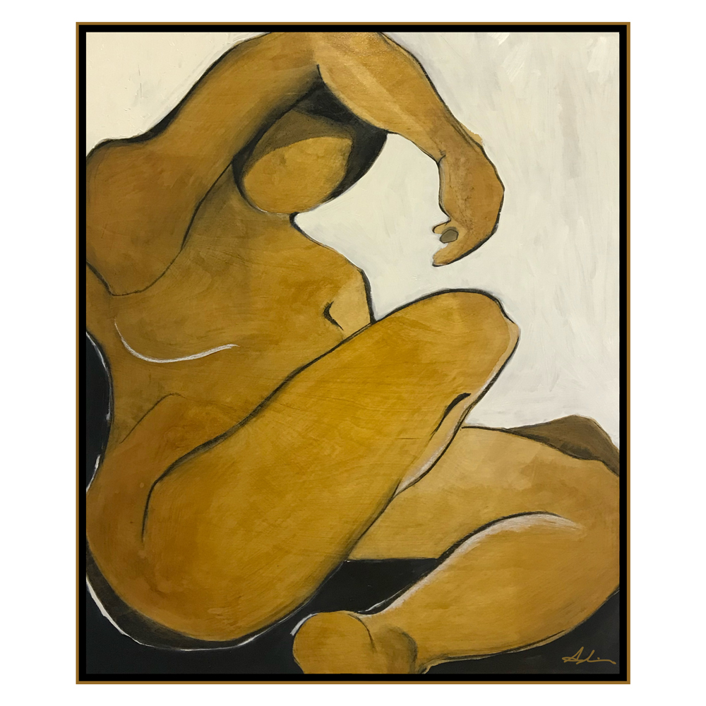Figurative painting of a seated figure in warm ochre and gold tones with flowing contour lines and one arm raised, set against a white and black background, shown in a float frame, by figurative artist Joanna Aplin