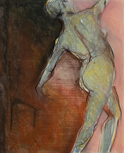 Charcoal and Indian ink figure study of a reclining form with expressive loose linework on a warm ochre wash background, by Canadian figurative artist Joanna Aplin.