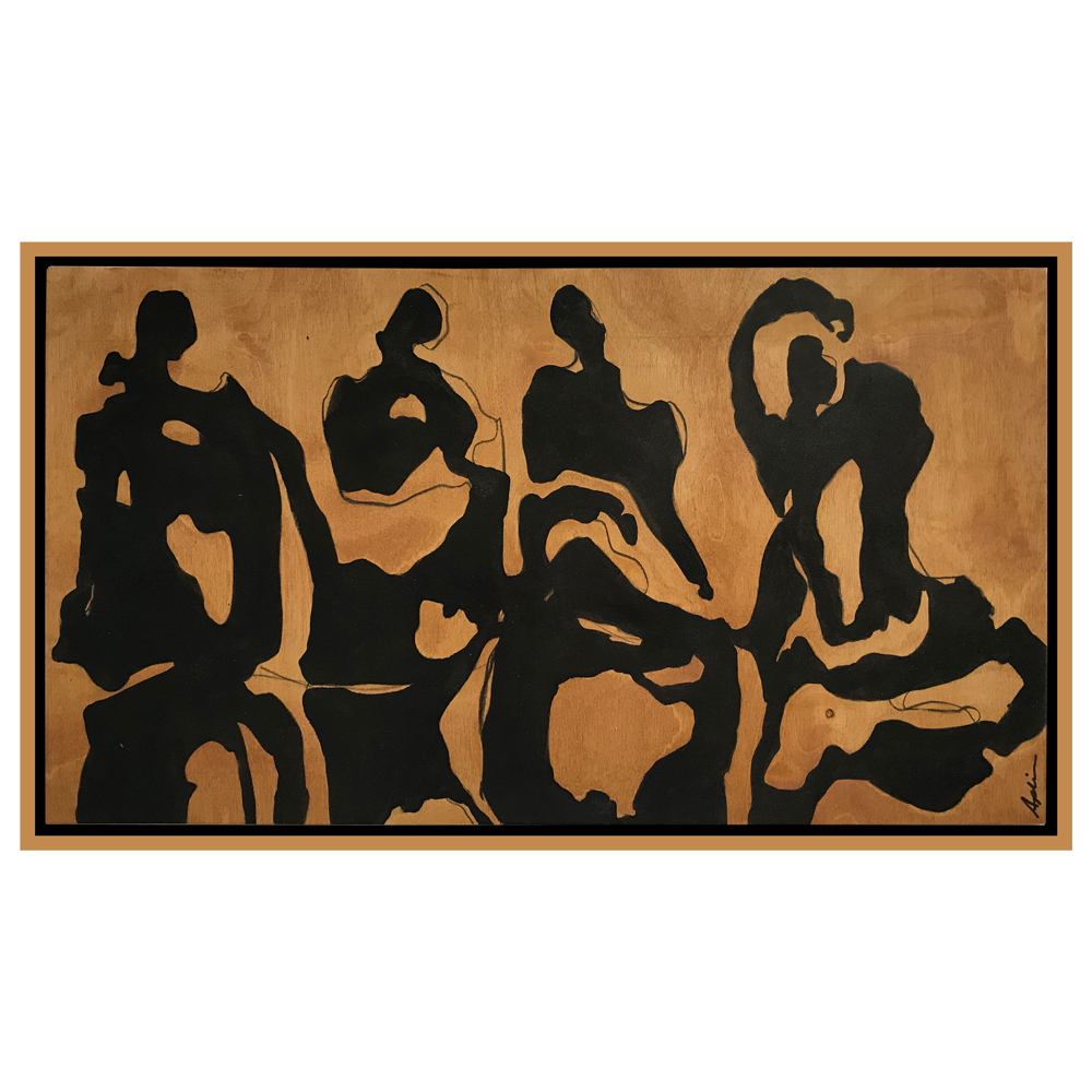 Figurative painting of four silhouetted figures in black against a warm golden background, each in a distinct seated or leaning pose with fluid expressive line work, displayed in a float frame, by figurative artist Joanna Aplin, Owen Sound Ontario.