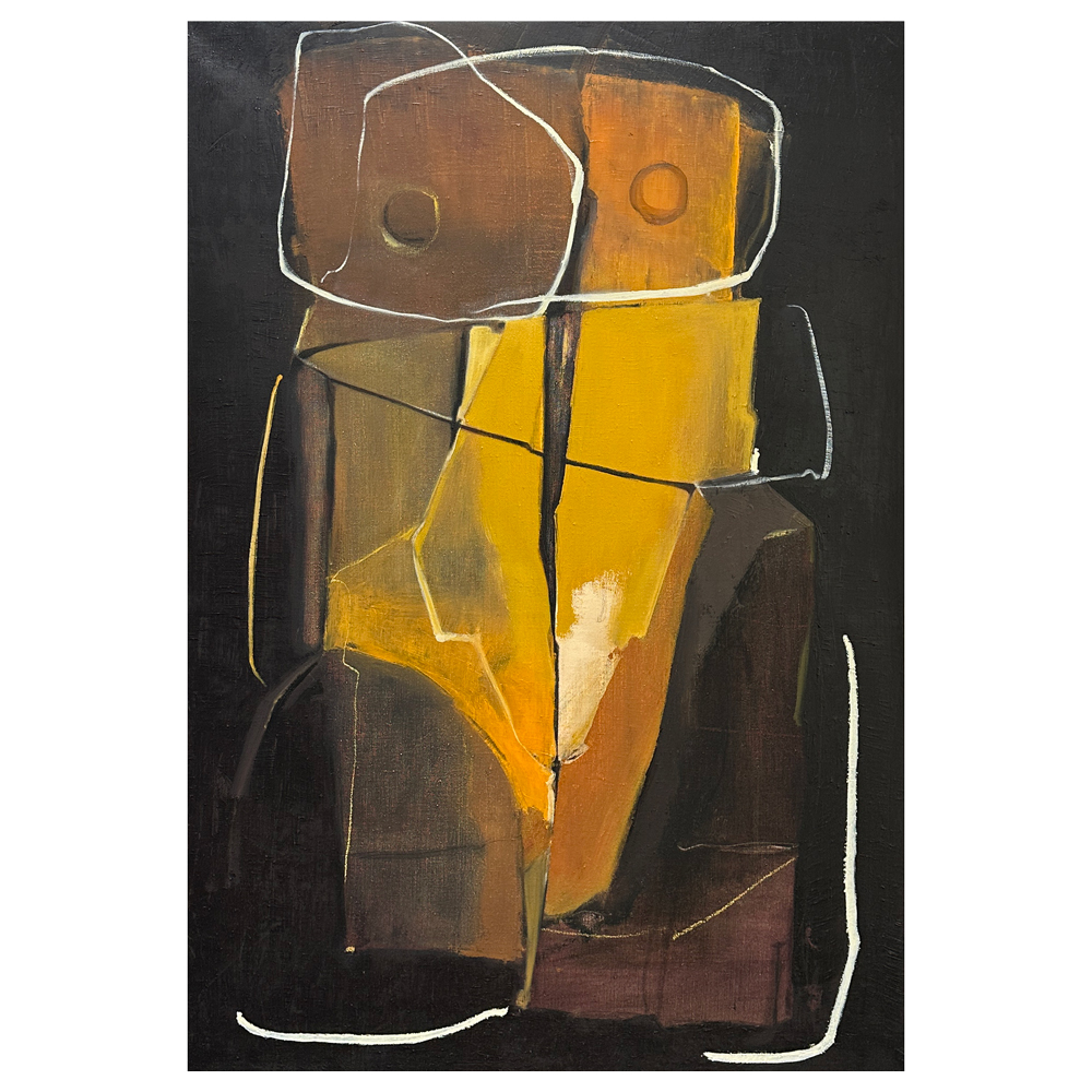 Mixed media on linen abstract figurative painting of an upright form in warm browns and deep yellows with white contour lines against a black background, by Owen Sound artist Joanna Aplin.