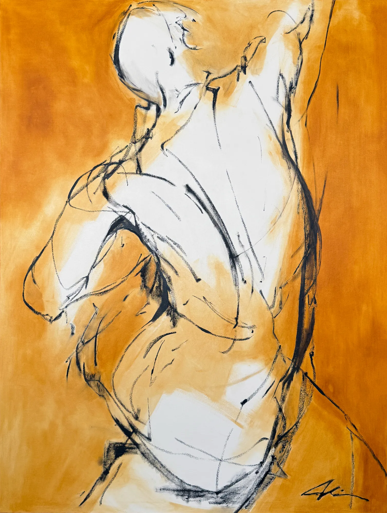 Oil and charcoal on paper figure study of a standing torso rendered in warm golden tones with expressive charcoal linework, by Canadian figurative artist Joanna Aplin.