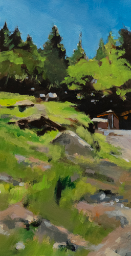Landscape painting of a rural hillside with bright green grass, evergreen trees, and a small structure beneath a clear blue sky, by Georgian Bay artist Joanna Aplin.
