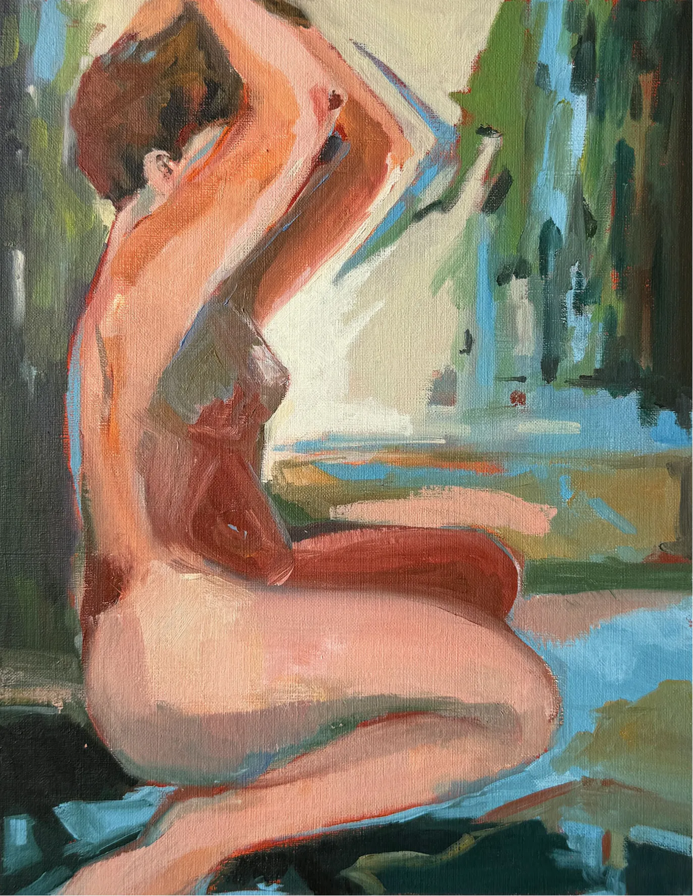 Seated nude figure with raised arms turns away beside blue water and dark green vertical forms, rendered in brisk warm brushstrokes.