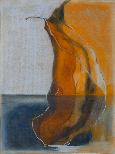 Figurative work of a standing form in deep amber and ochre tones against a divided background of pale grey and navy blue, by fine artist Joanna Aplin, Owen Sound Ontario.