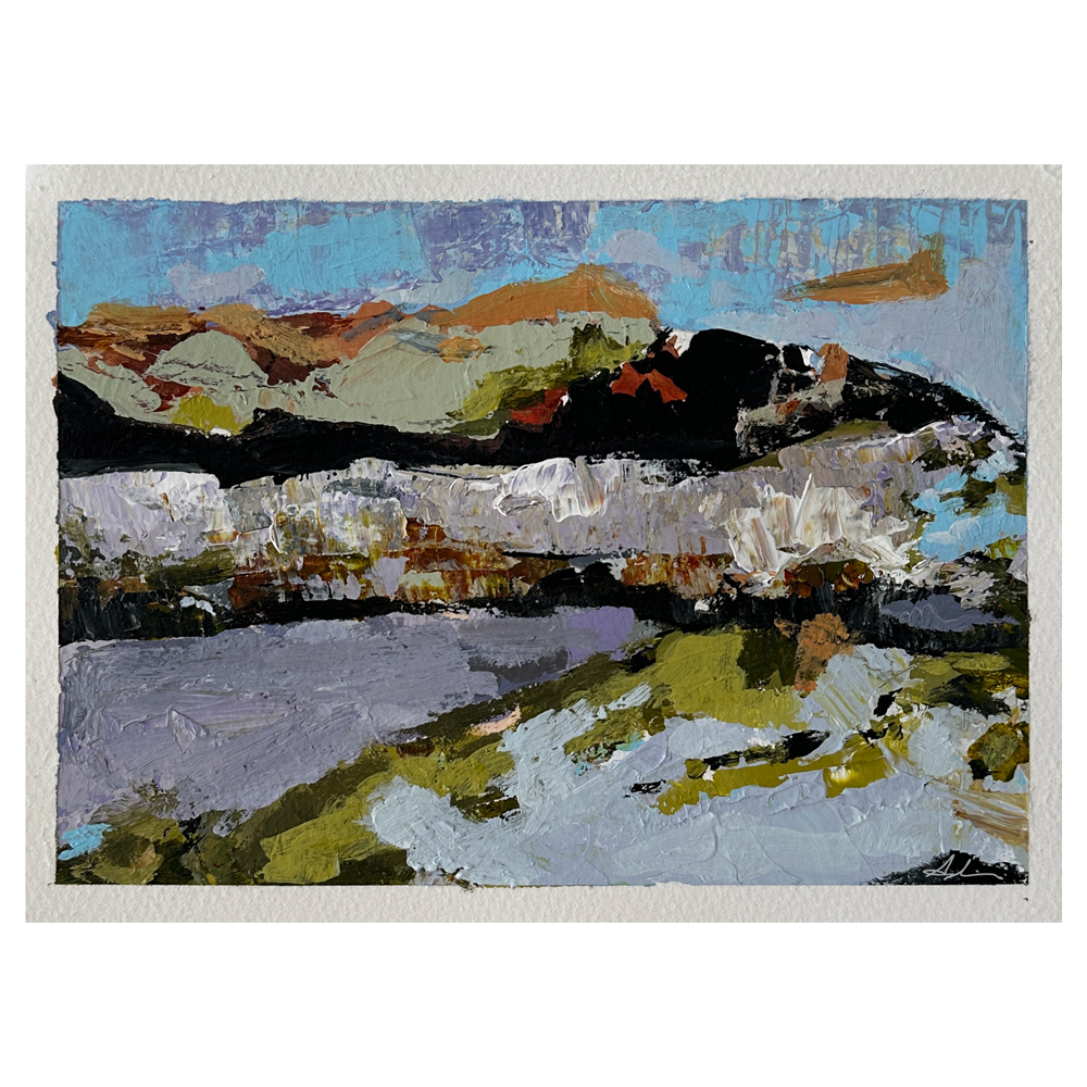 Acrylic on paper — a richly textured abstract landscape in olive green, lavender, orange, black, and white with bold expressive mark-making suggesting rugged terrain under a bright sky, by Canadian artist Joanna Aplin