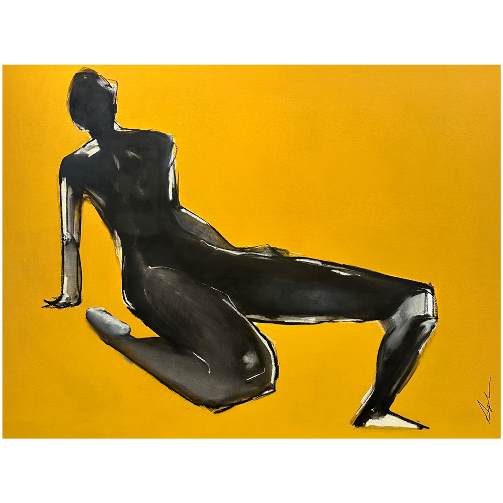 Acrylic and oil on canvas — a reclining dark silhouetted figure leaning back with elegant gestural lines against a vivid yellow background, by Joanna Aplin, Owen Sound artist