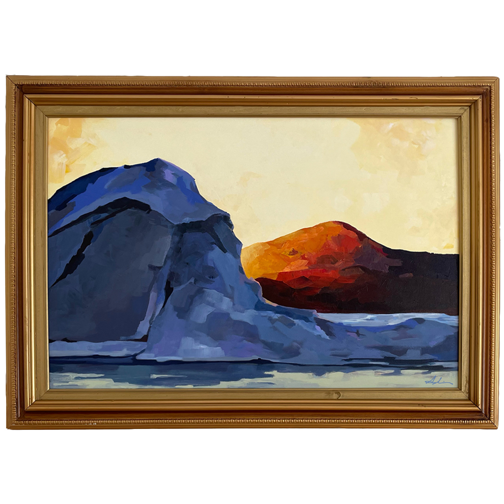 Landscape painting of large blue-grey and orange rock formations at the water's edge under a warm golden sky, painted with bold faceted brushwork, by Joanna Aplin, Canadian landscape artist