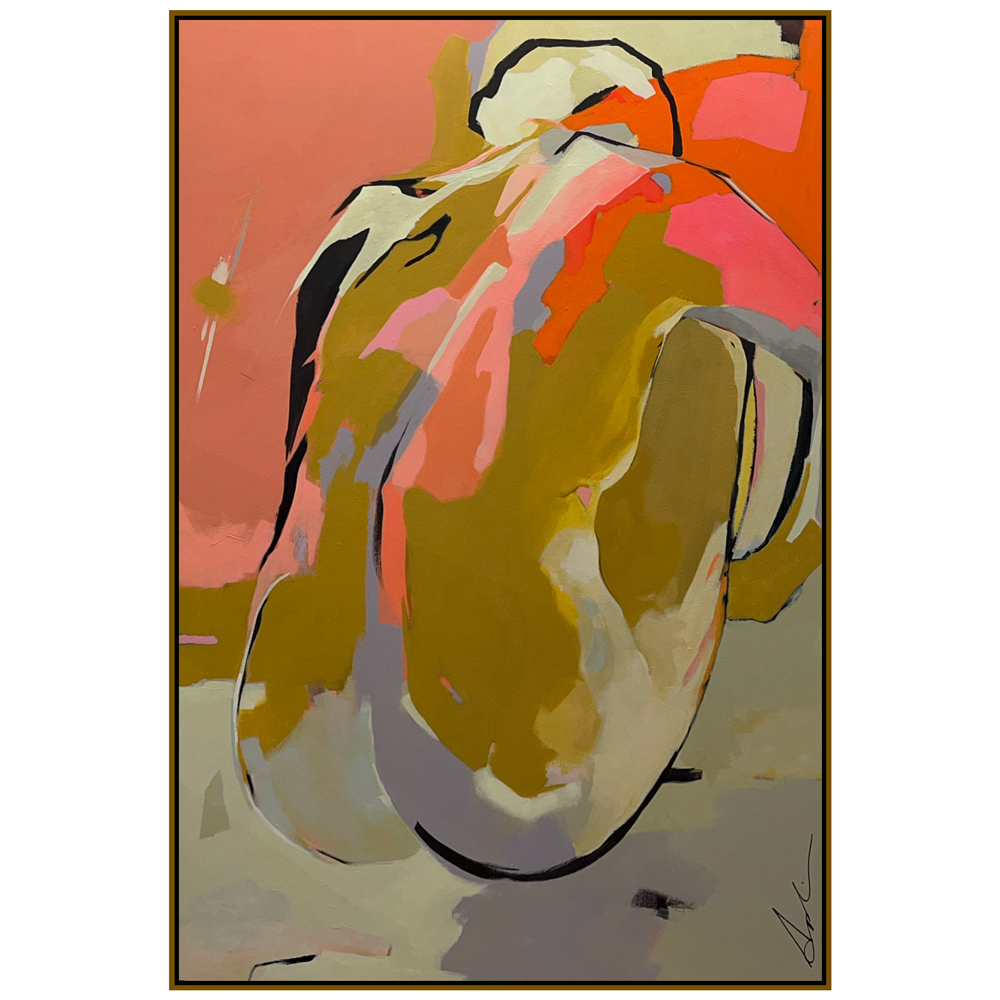 Figurative painting of a figure bending forward, depicted in vibrant coral, pink, olive green, and orange tones with expressive black contour lines, displayed in a gold float frame, by Joanna Aplin, Georgian Bay artist.