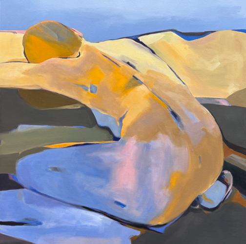 Figurative painting of a reclining figure in warm golden yellows and cool lavender blues, by Canadian fine artist Joanna Aplin.