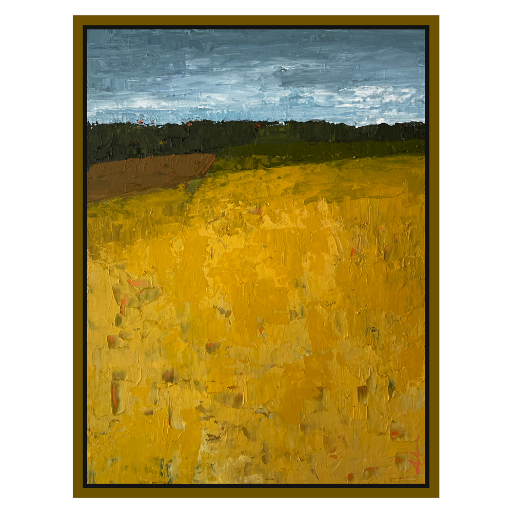 Landscape painting of a golden harvest field stretching toward a dark treeline and grey overcast sky, with expressive mark-making throughout, by Joanna Aplin, Owen Sound Ontario artist.