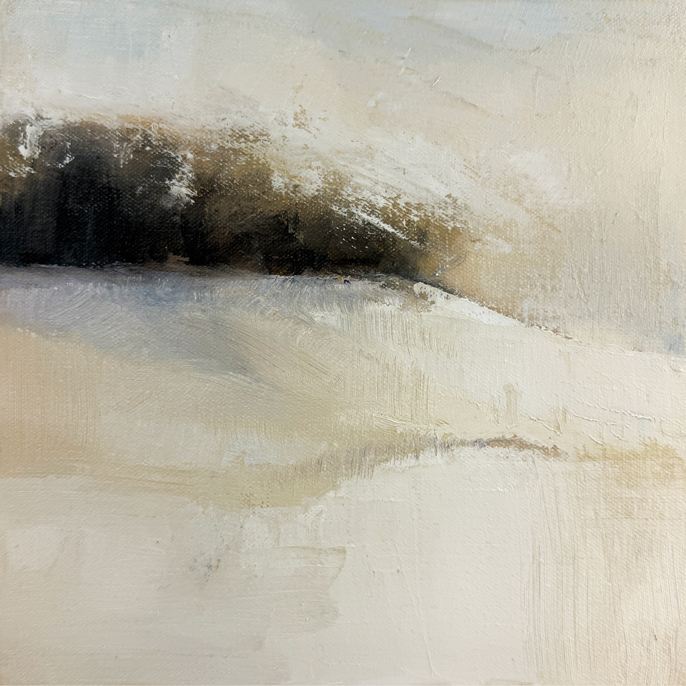Oil on canvas small winter landscape in soft whites and warm neutrals with a dark treeline dissolving into a hazy overcast sky, by fine artist Joanna Aplin, Owen Sound Ontario.