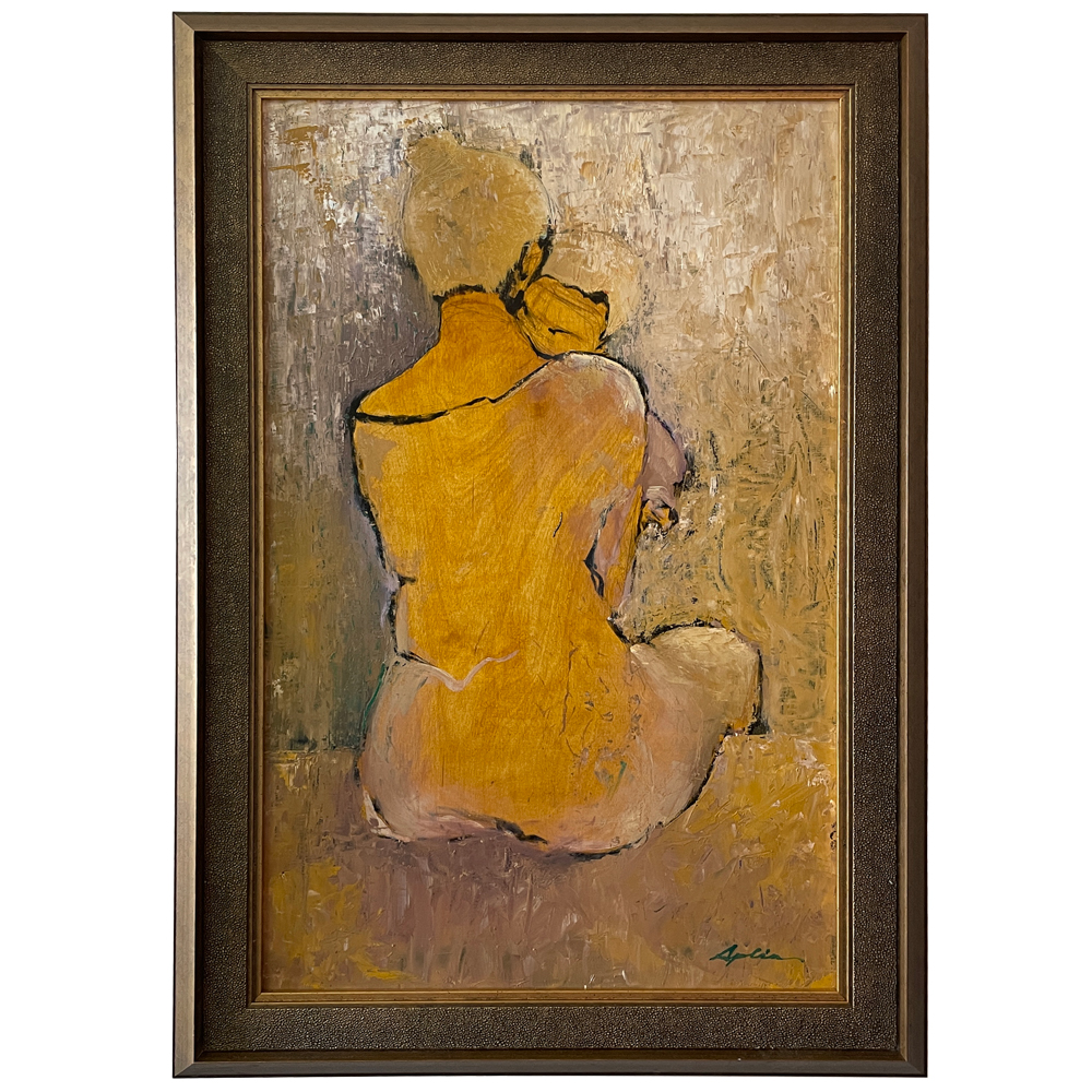 Figurative painting of a seated figure seen from behind cradling a small child, rendered in warm golden yellows and soft flesh tones with expressive mark-making against a muted ochre and grey background, by Joanna Aplin, Owen Sound artist.