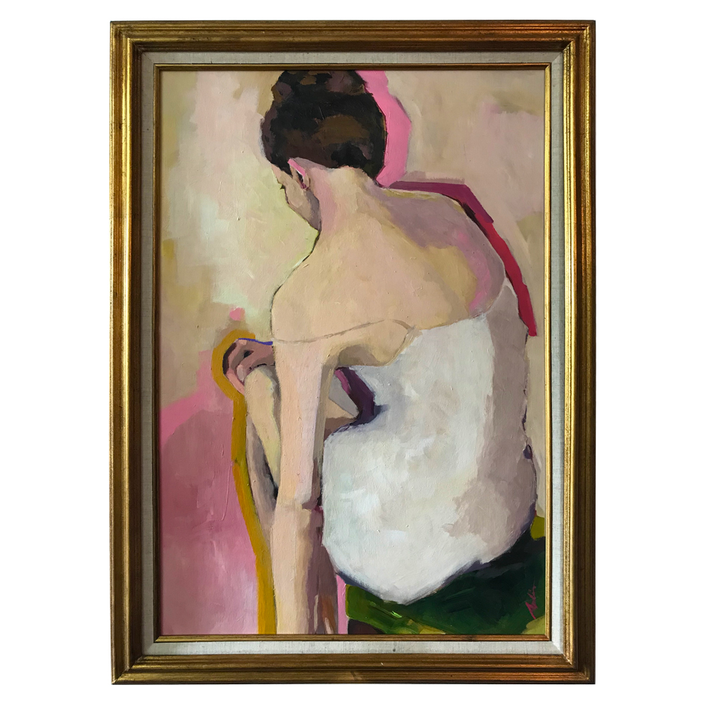 Figurative painting of a seated woman seen from behind with dark gathered hair, wearing a white garment against soft pink and yellow tones with a green chair, by Joanna Aplin, Canadian figurative artist