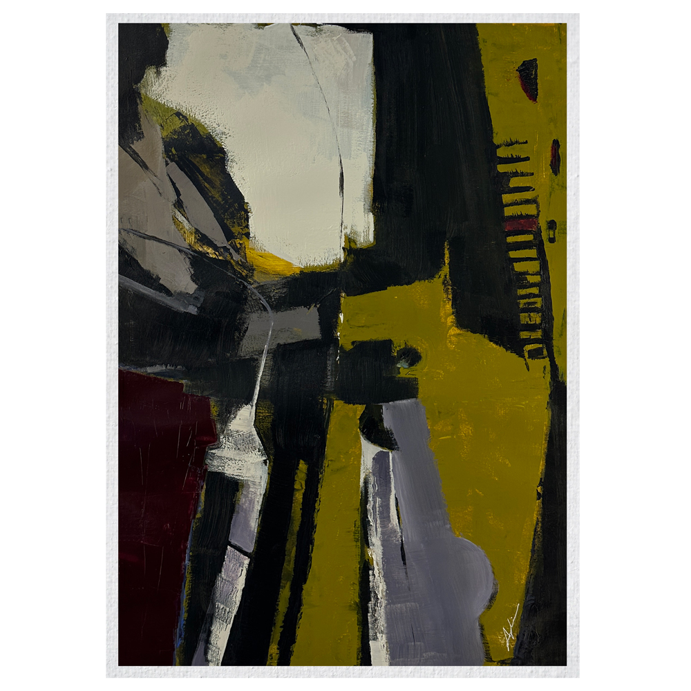 Acrylic on paper — a bold abstract composition of angular black, olive-yellow, cream, and deep red shapes with strong gestural marks and graphic energy, by Joanna Aplin, Toronto artist