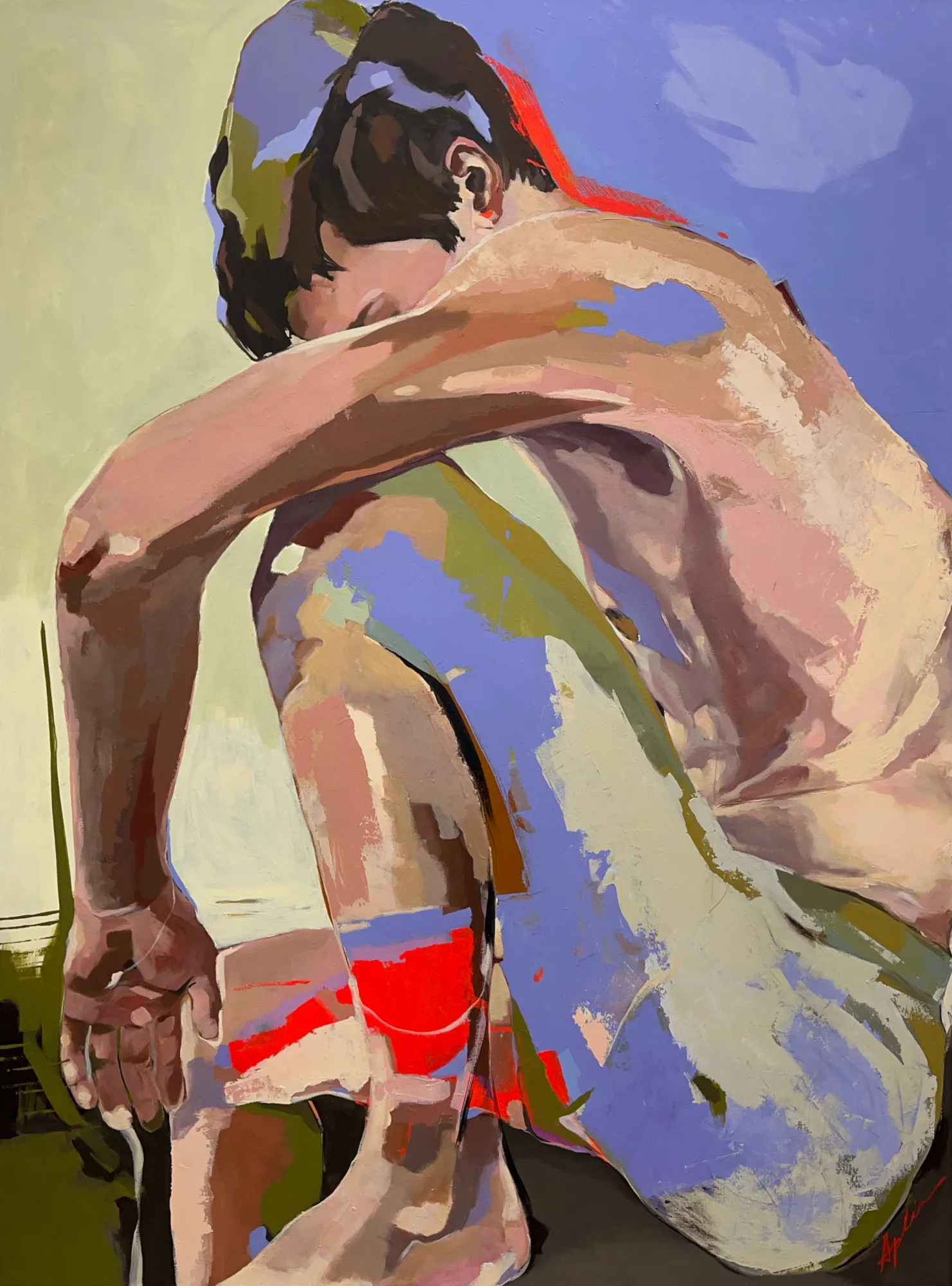 Figurative painting of a male figure seen from behind in a twisting pose, rendered in bold colour blocks of lavender, pink, olive, and red against a blue and green background, by Joanna Aplin, Canadian figurative artist.