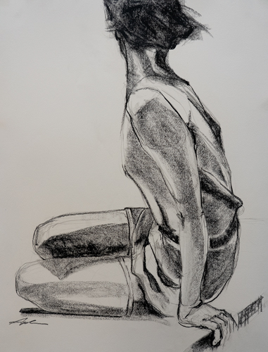 Figurative drawing of a kneeling figure seen from behind in rich charcoal tones with strong contrasts of light and dark, by Toronto artist Joanna Aplin.