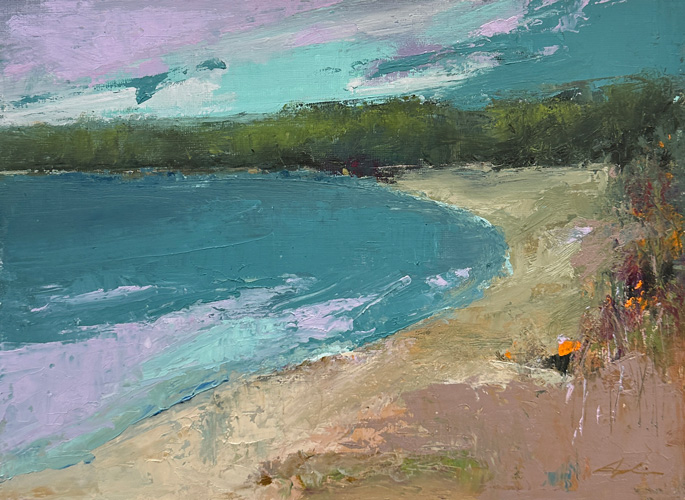 Landscape painting of a curving sandy shoreline with teal water, wildflowers in the foreground, and a lavender and turquoise sky, by Joanna Aplin, Georgian Bay artist