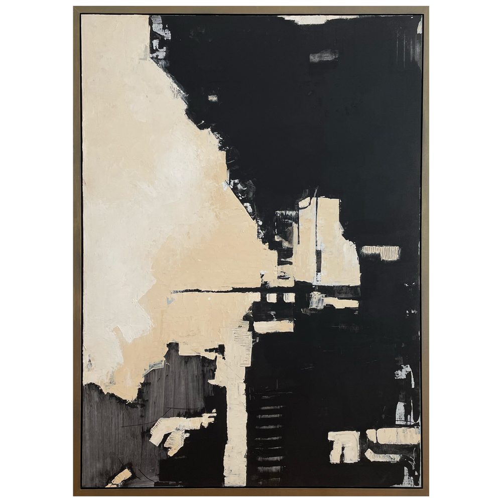 Abstract painting with a bold diagonal divide between warm cream and deep black, suggesting an urban silhouette with textured layering and collaged elements, by Joanna Aplin, Owen Sound artist