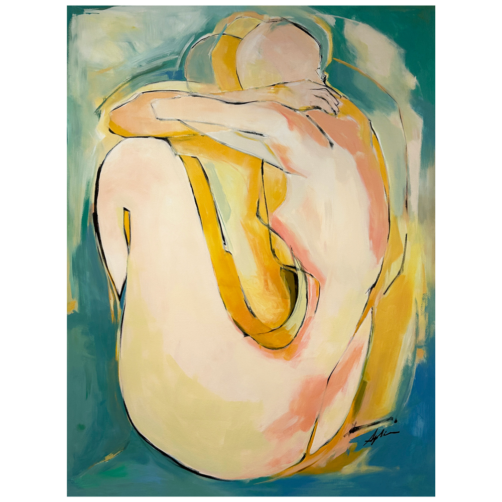 Acrylic on canvas — two embracing figures intertwined in soft peach, gold, and pink tones with flowing black outlines against a teal and blue background, by Joanna Aplin, Canadian fine artist