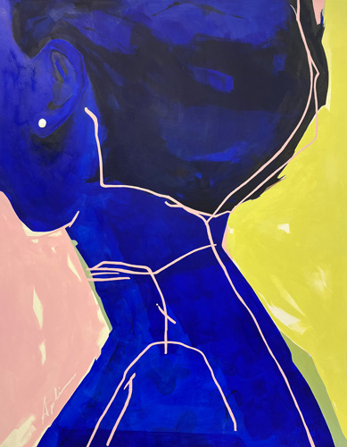 Large-scale figurative painting of a woman's profile in deep blue with a white pearl earring, defined by delicate pink drawn lines against blocks of pink and yellow, by Joanna Aplin, Canadian figurative artist
