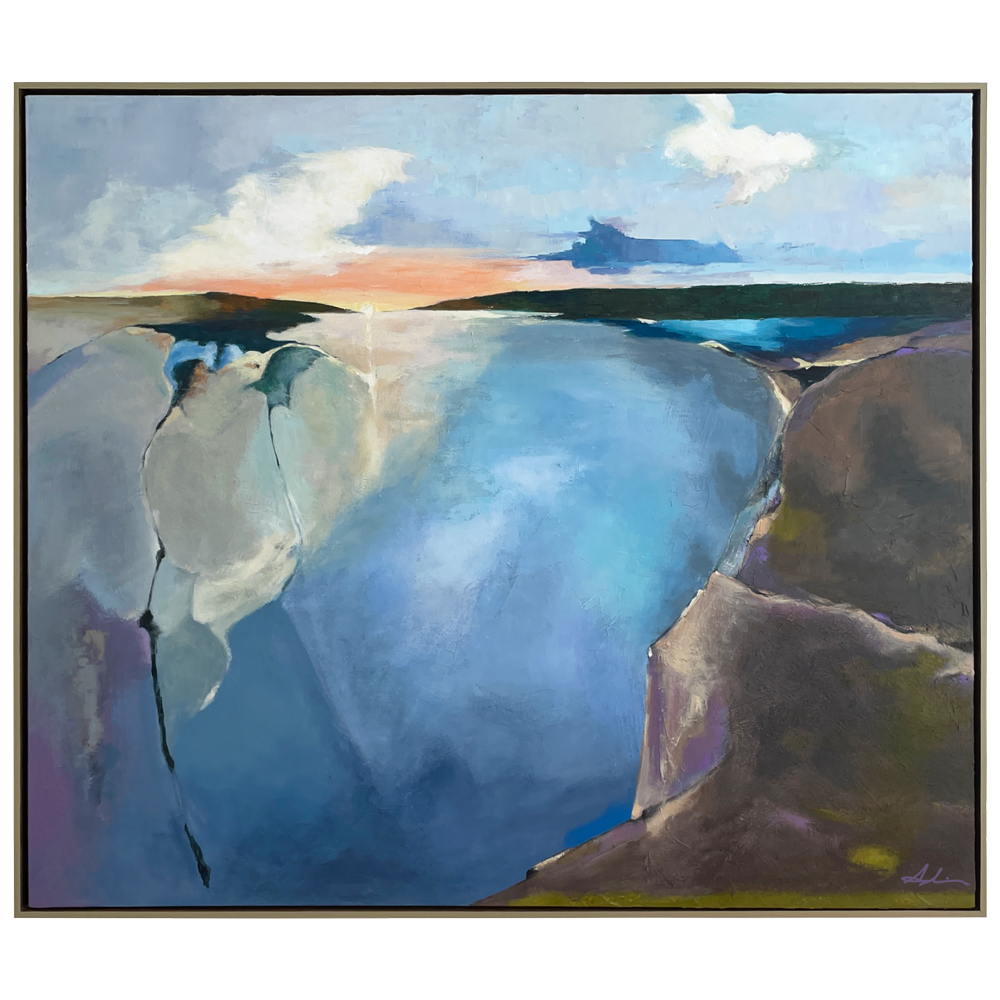 Landscape painting of a broad calm bay with pale rocks and purple-brown shoreline framing blue water, a soft peach sunset and white clouds on the horizon, shown in a float frame, by Joanna Aplin, Canadian artist