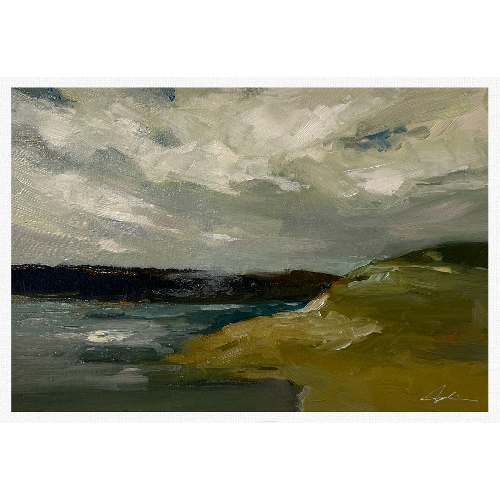 Landscape painting of an overcast sky above a muted shoreline with olive-gold land curving into grey-blue water and a dark distant hillside, by Joanna Aplin, Georgian Bay artist