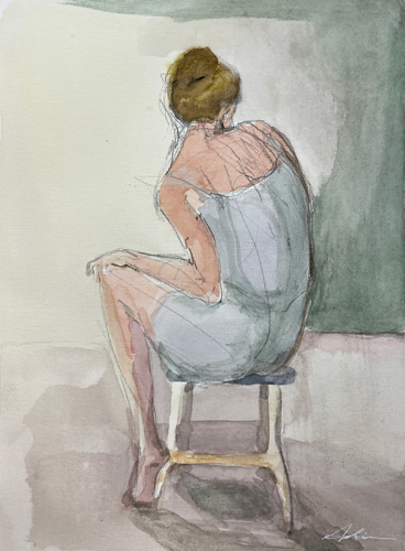 Figurative watercolour-style work of a woman seated on a stool seen from behind, dressed in a light blue garment with soft greens and warm skin tones, by Canadian figurative artist Joanna Aplin.