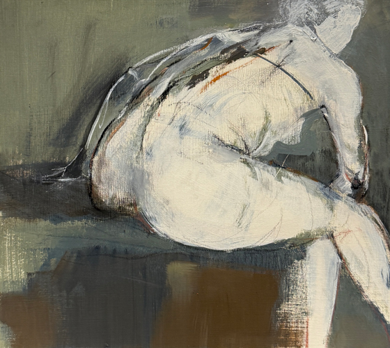 Crouched nude figure bends forward on a dark seat, painted in creamy white and grey strokes against an olive-grey interior.