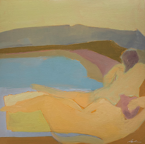 Figurative painting of a reclining figure in soft peach, gold, and pink tones set against a quiet landscape of pale blue water and distant hills, by fine artist Joanna Aplin