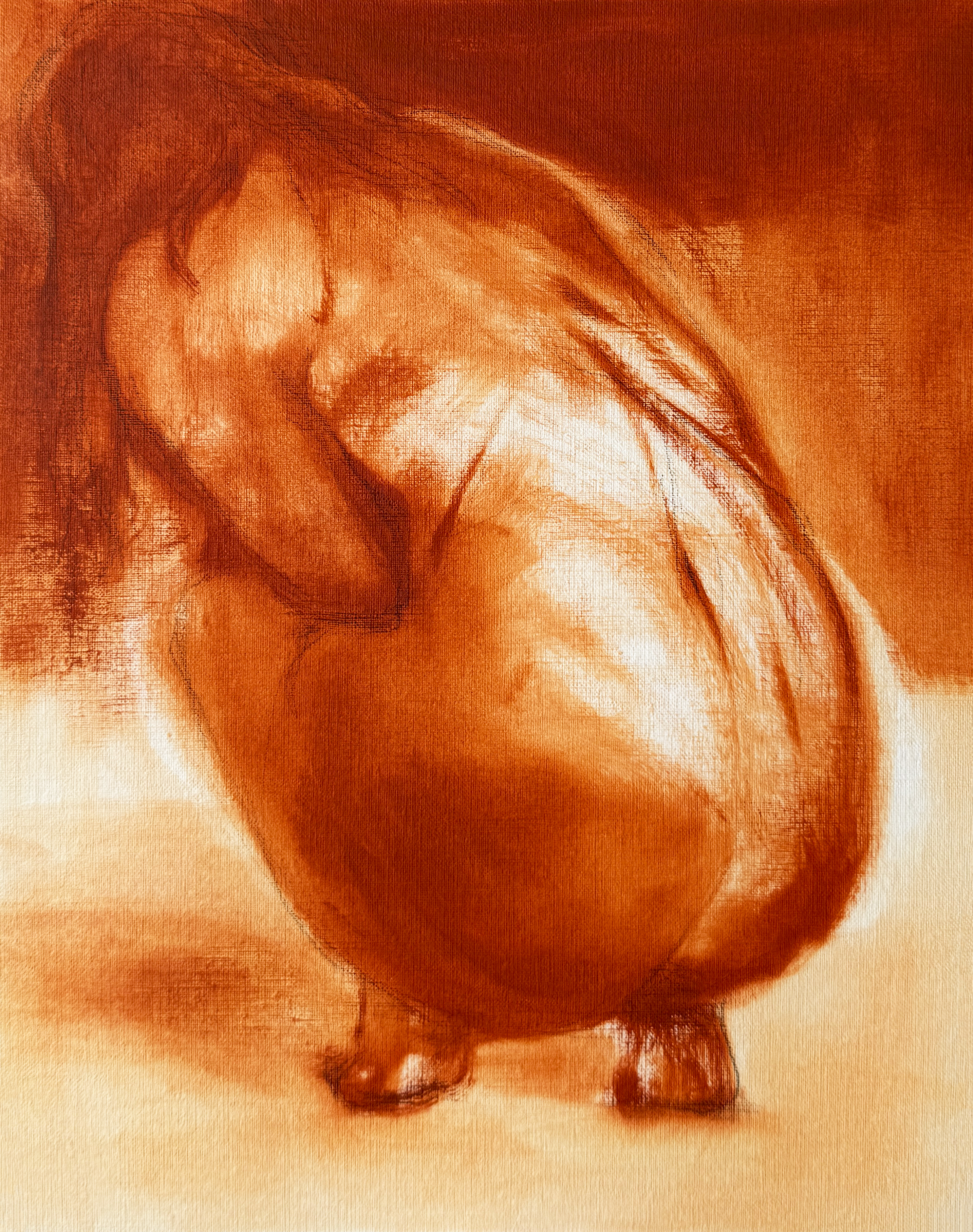 Compact crouching nude figure with head bowed and hair falling forward, rendered in layered rust-orange and cream strokes.
