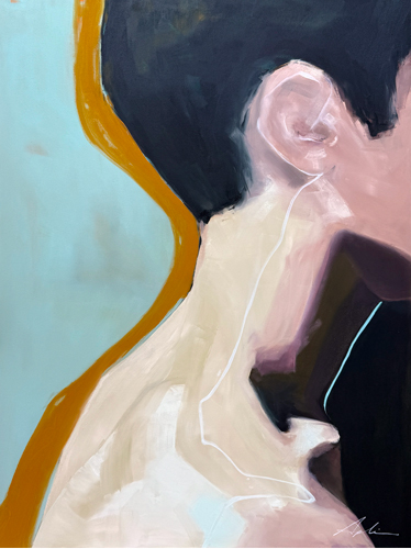 Oil on canvas close-up figurative painting of a head and shoulder in pale skin tones, dark hair, and a bold ochre line against soft blues and blacks, by fine artist Joanna Aplin, Owen Sound Ontario.