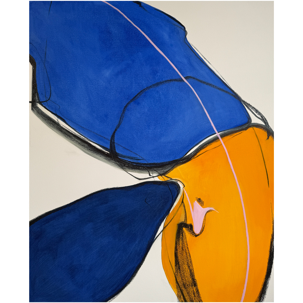 Oil on canvas figurative painting of two interlocking forms in vivid cobalt blue and warm orange with bold contour lines and a thin pink arc on a light ground, by Canadian fine artist Joanna Aplin.