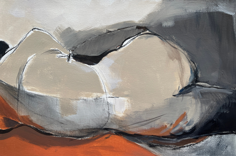 Reclining nude figure seen from behind, modelled in cream, grey and black brushstrokes over a warm rust-coloured surface.