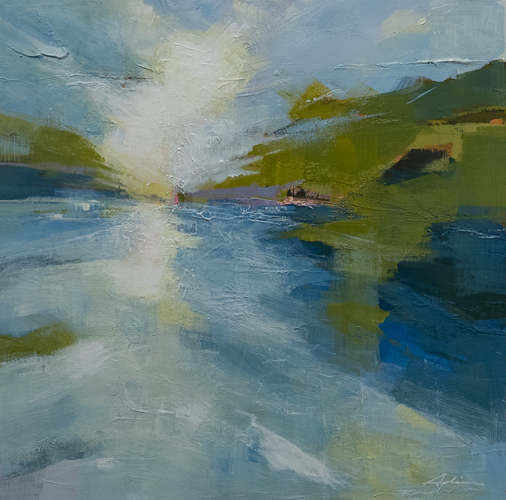 Acrylic on paper abstract landscape of light bursting over water with green hills on either side, painted in soft blues, whites, and olive greens, by Canadian landscape artist Joanna Aplin.