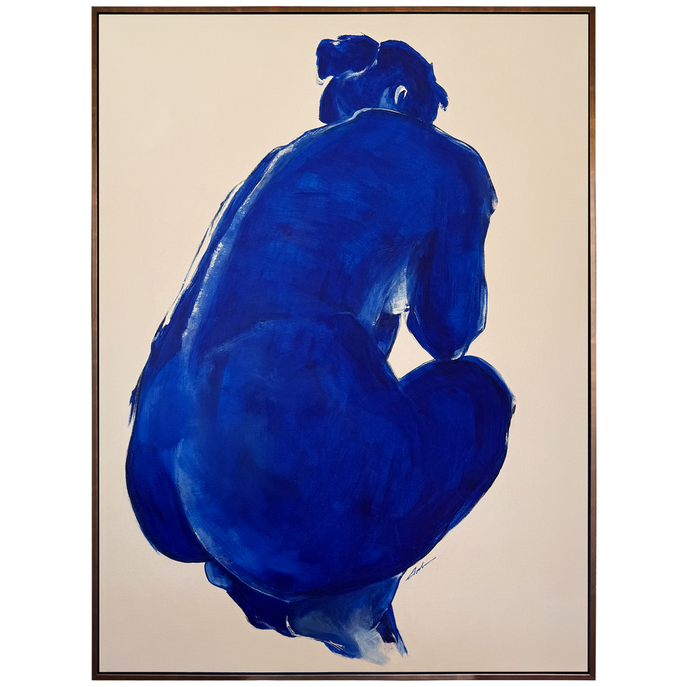 Crouching figure seen from behind, painted in saturated ultramarine blue on an unpainted cream ground.