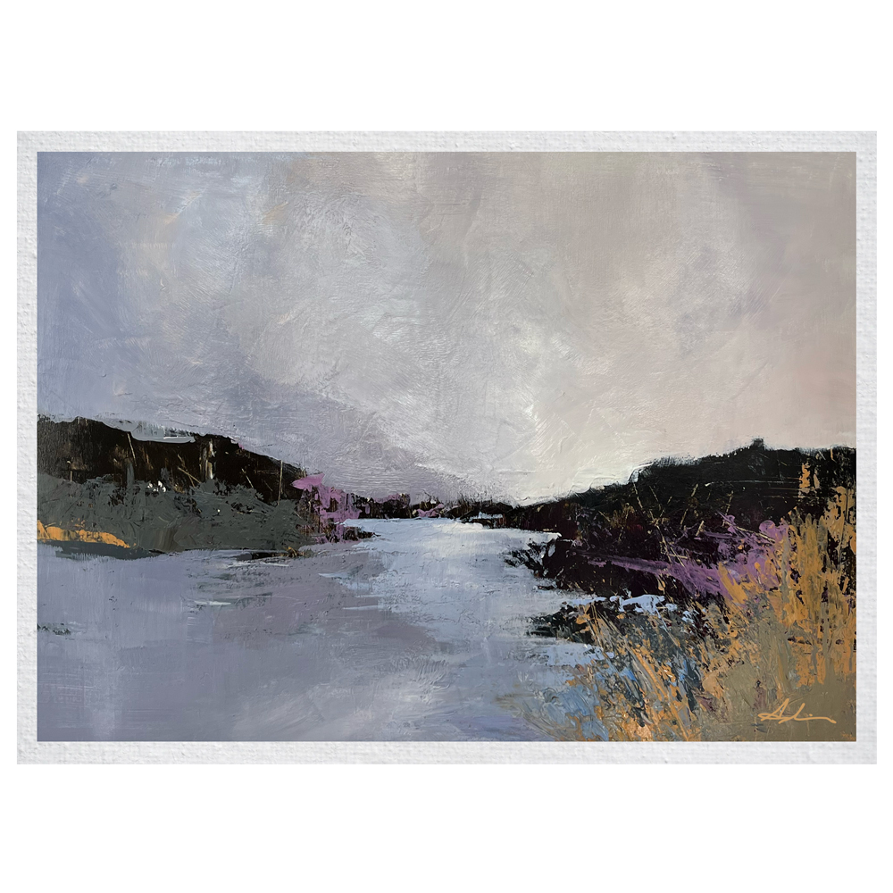 Landscape painting of a quiet river winding between dark hillsides under a vast silvery-grey sky with touches of purple and gold in the foliage, by Joanna Aplin, Canadian landscape artist
