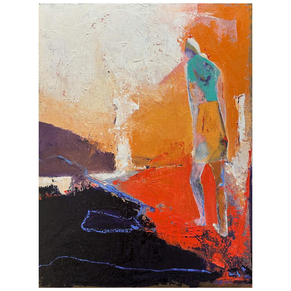 Oil on canvas — a standing figure in turquoise and white against bold blocks of orange, red, and cream with a dark foreground and distant landscape, by Joanna Aplin, Georgian Bay artist